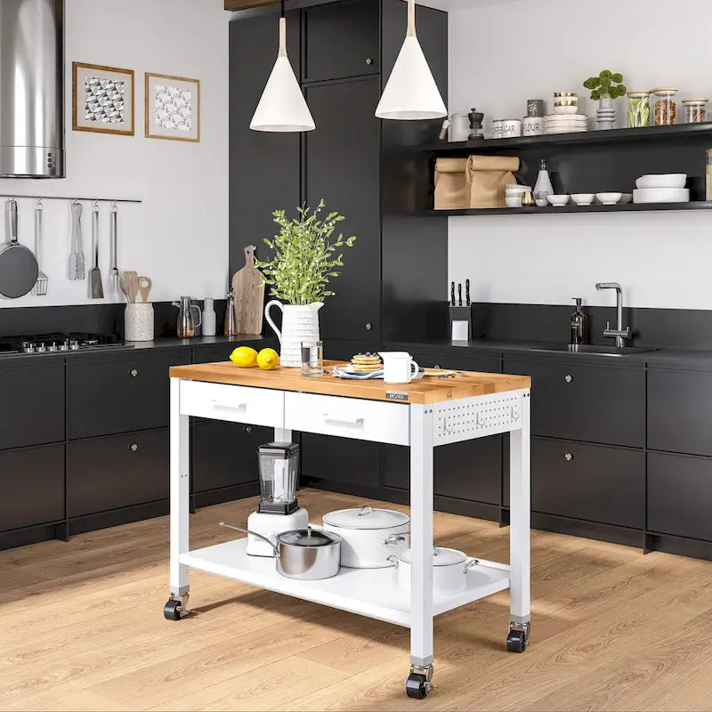 HOME Isola da Lavoro per Cucina con Piano in Legno Massello, 122 L x 61 P x 91 A cm, Bianco