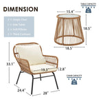 Set da Bistrot da Esterno in Rattan da 3 Pezzi, Set di Mobili da Giardino con Tavolo in Vetro e 2 Ampie Poltrone, Cuscini Inclusi