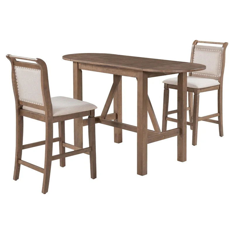 Set da 3 Pezzi Tavolo da Pranzo a Foglia Cadente a Altezza Bancone in Legno