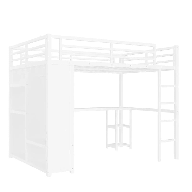Queen Loft Bed - Built-in Wardrobe & Desk, Metal Frame with Shelves