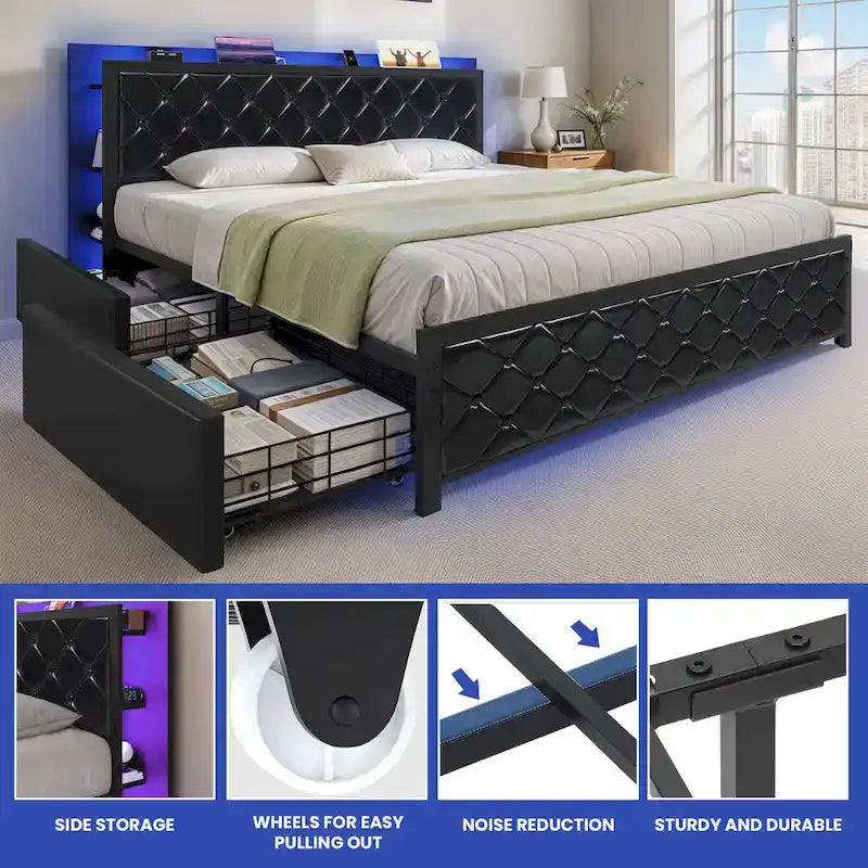 Moasis Letto Matrimoniale Queen Size con Struttura in PU e LED, Imbottito, con Piattaforma