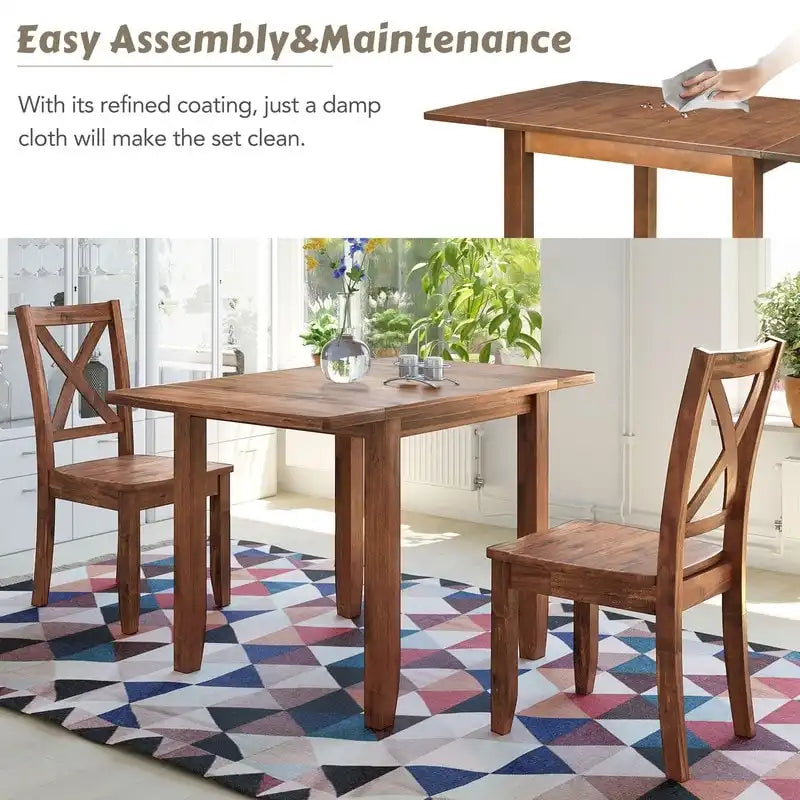 Set da Tavolo da Pranzo 3 Pezzi in Legno con Piano Ribaltabile e 2 Sedie a X per Piccoli Spazi