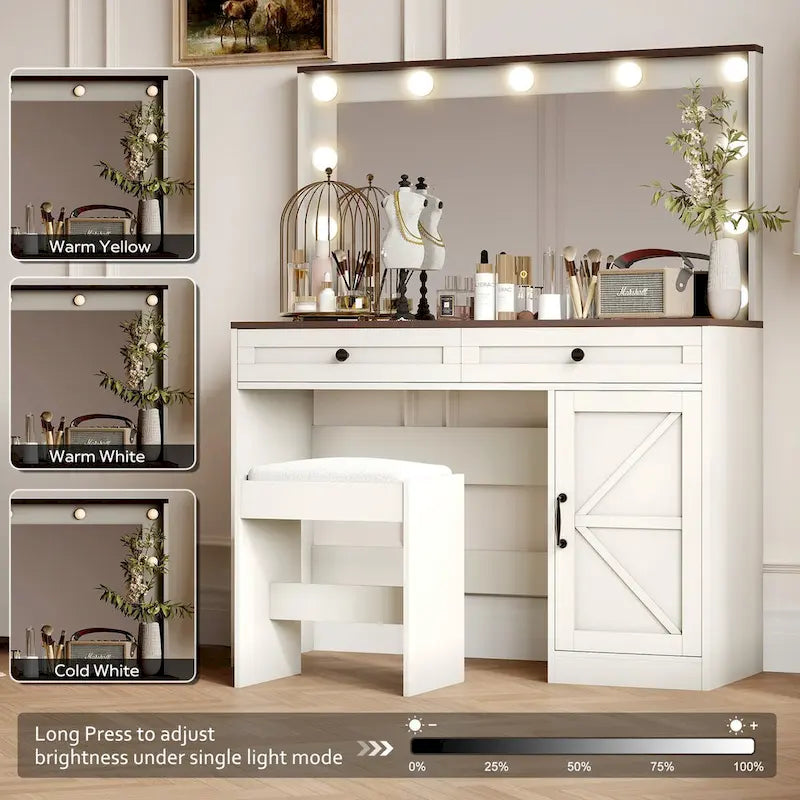 Roomfitters Toilette da Trucco Rustica con Luci, Scrivania con Specchio Illuminato e Anta a Scorrimento, Tavolo da Trucco con 2 Cassetti