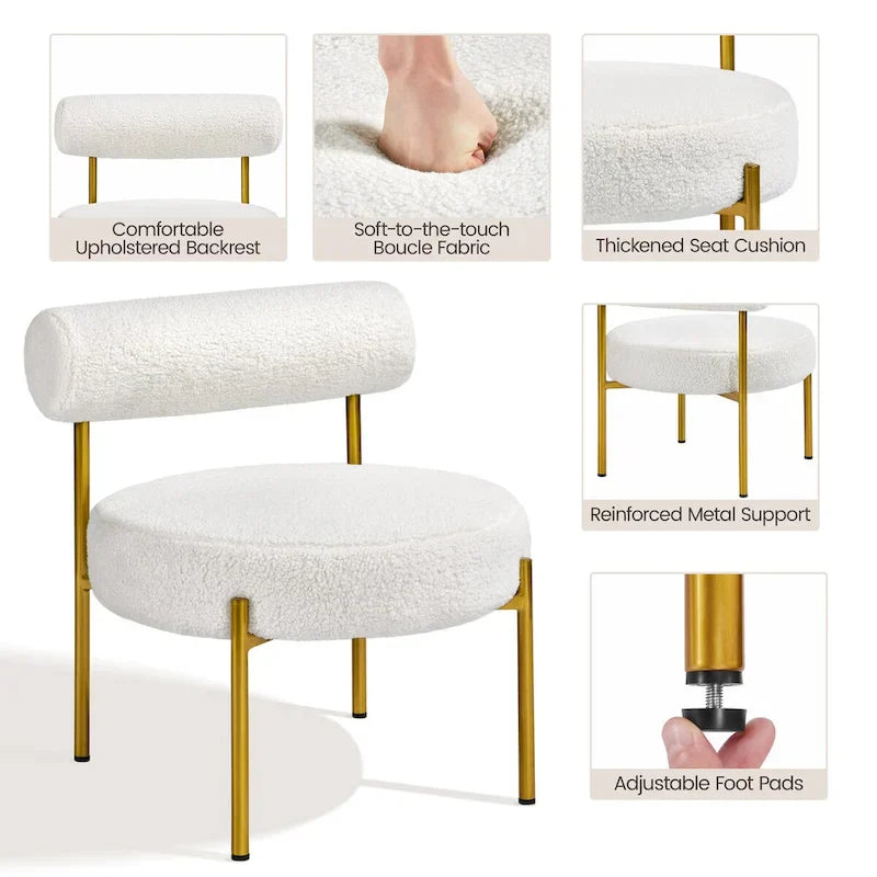 Yaheetech Poltrona con gambe in metallo dorato e seduta rotonda imbottita, bianca - 252326