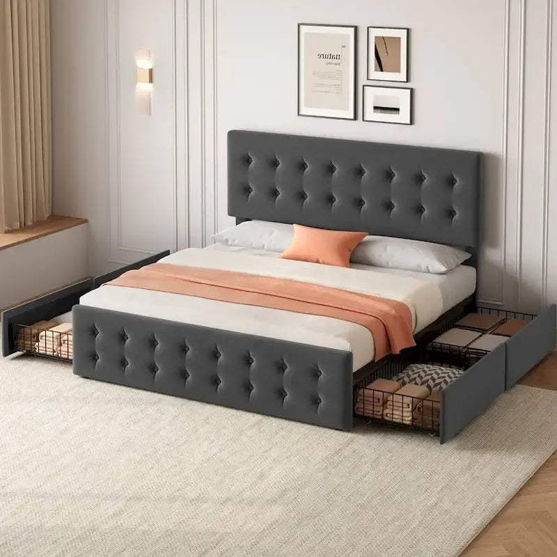 Struttura letto king-size con 4 cassetti contenitore e testiera