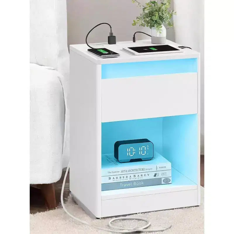 Nightstand with Charging Station, Bedside Table with Drawer, Modern Side End Adjustable LED Lights, 2 AC Outlets, 2 USB Ports for Bedroom