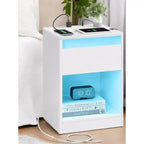 Nightstand with Charging Station, Bedside Table with Drawer, Modern Side End Adjustable LED Lights, 2 AC Outlets, 2 USB Ports for Bedroom