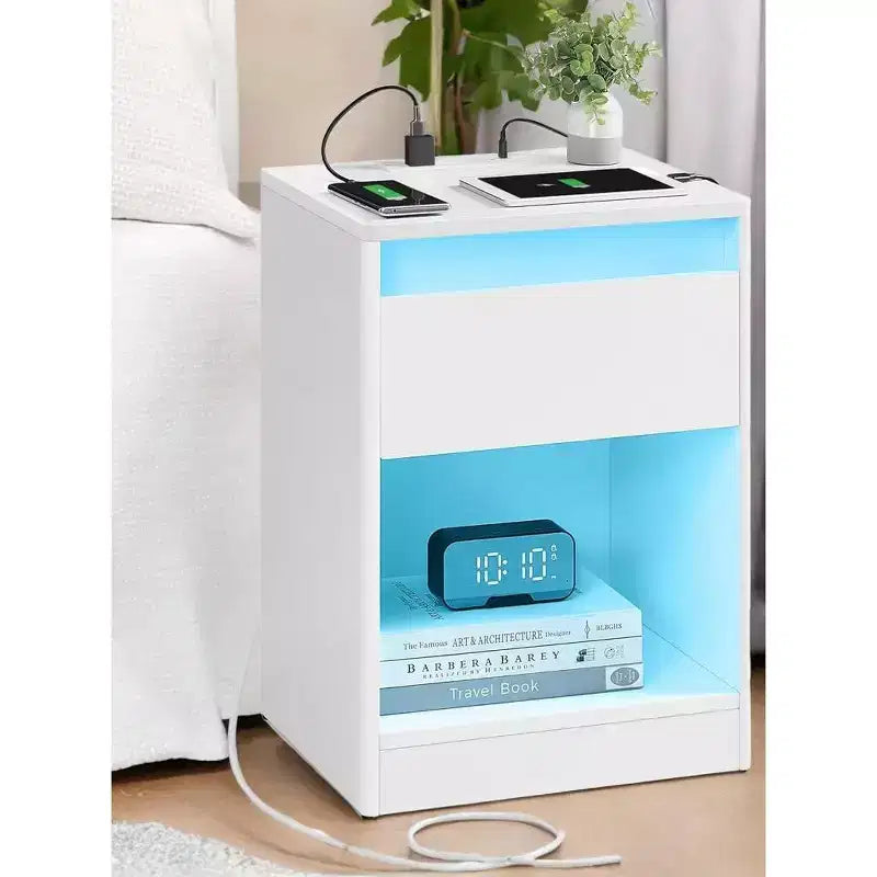 Nightstand with Charging Station, Bedside Table with Drawer, Modern Side End Adjustable LED Lights, 2 AC Outlets, 2 USB Ports for Bedroom