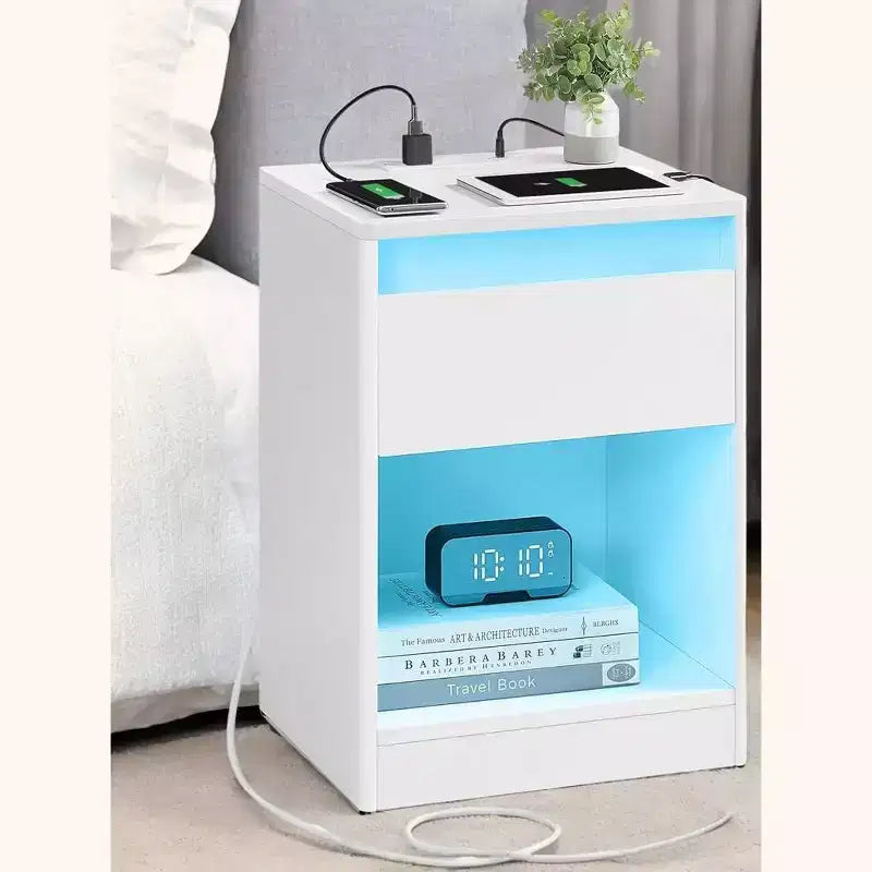 Nightstand with Charging Station, Bedside Table with Drawer, Modern Side End Adjustable LED Lights, 2 AC Outlets, 2 USB Ports for Bedroom