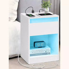 Nightstand with Charging Station, Bedside Table with Drawer, Modern Side End Adjustable LED Lights, 2 AC Outlets, 2 USB Ports for Bedroom