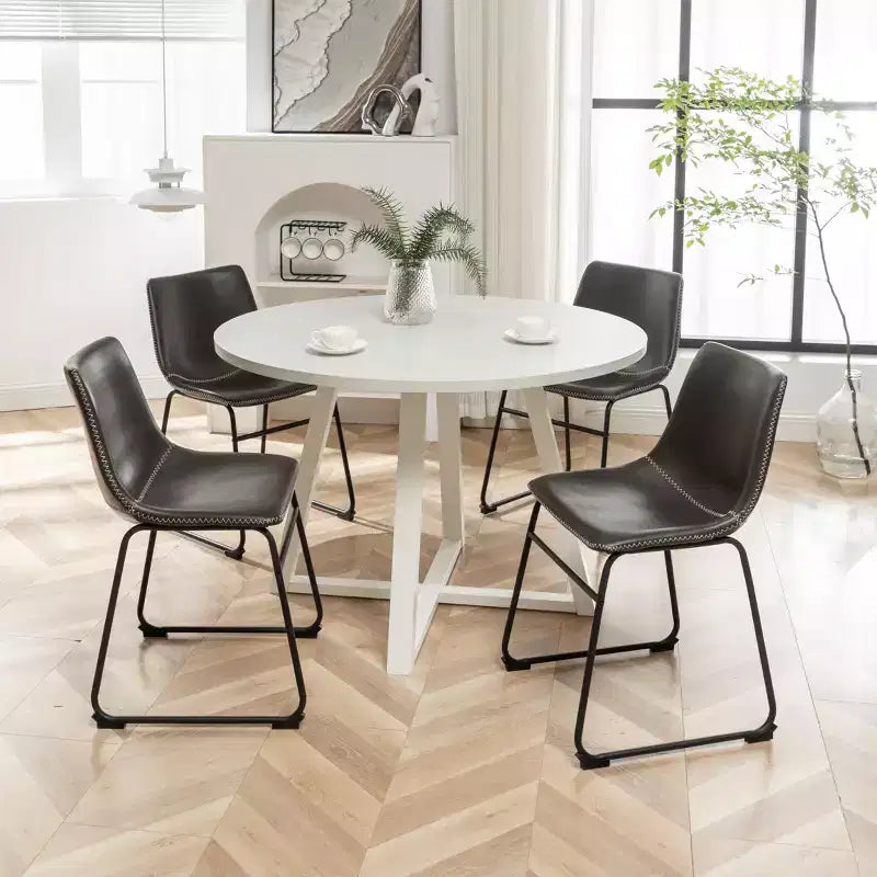 Roundhill Furniture Varna Round Dining Set, Trestle Dining Table with 4 Stylish Chairs, 5-Piece