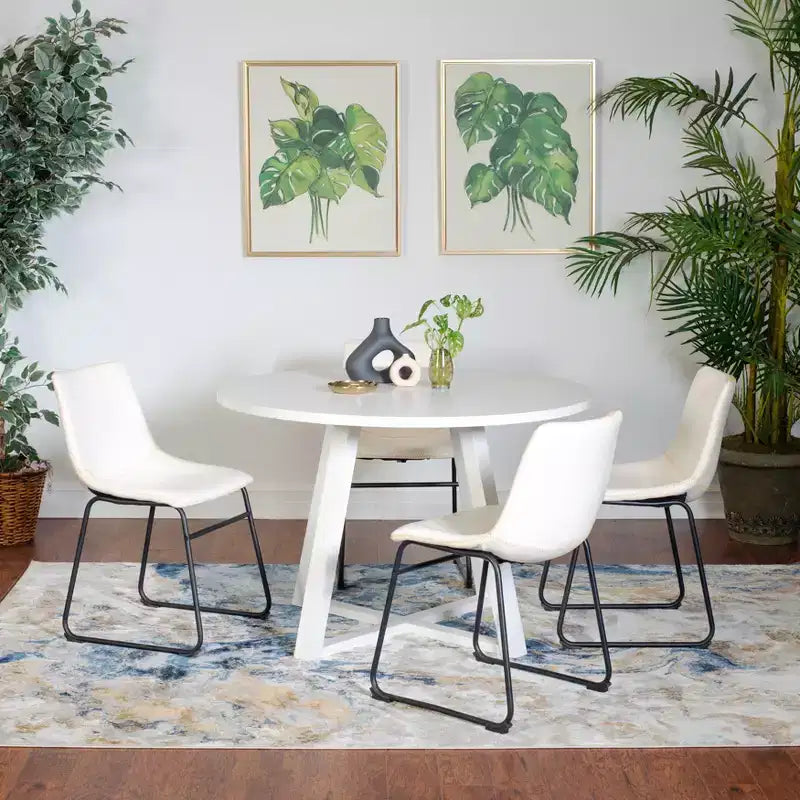 Roundhill Furniture Varna Round Dining Set, Trestle Dining Table with 4 Stylish Chairs, 5-Piece