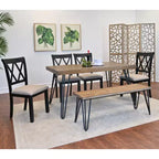 Roundhill Furniture Arroyo Dining Set, Hairpin Dining Table with 4 Cross-back Chairs and Bench, Rich Black, 6-Piece