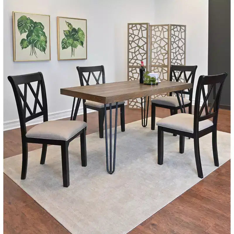 Roundhill Furniture Arroyo Dining Set, Hairpin Dining Table with 4 Cross-back Chairs and Bench, Rich Black, 6-Piece
