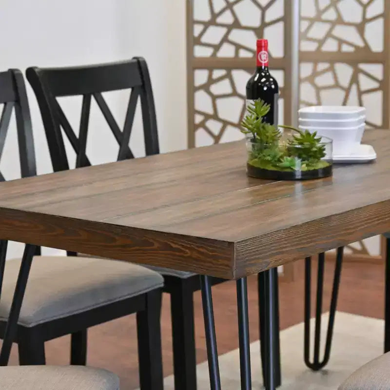 Roundhill Furniture Arroyo Dining Set, Hairpin Dining Table with 4 Cross-back Chairs and Bench, Rich Black, 6-Piece