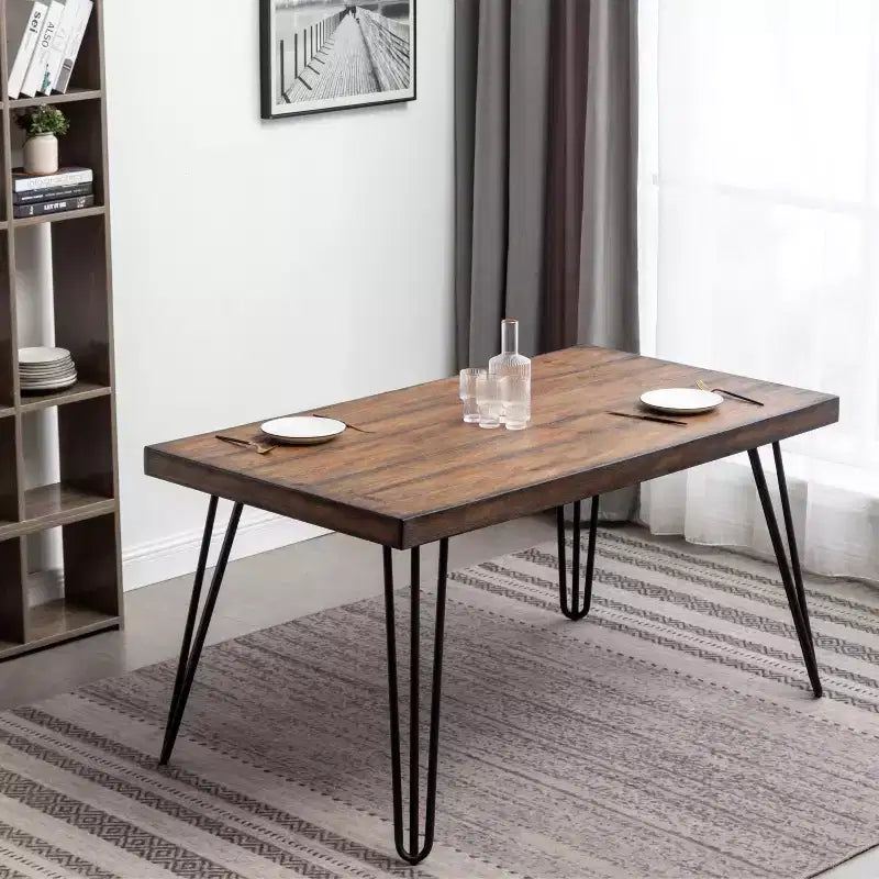 Roundhill Furniture Arroyo Dining Set, Hairpin Dining Table with 4 Cross-back Chairs and Bench, Rich Black, 6-Piece