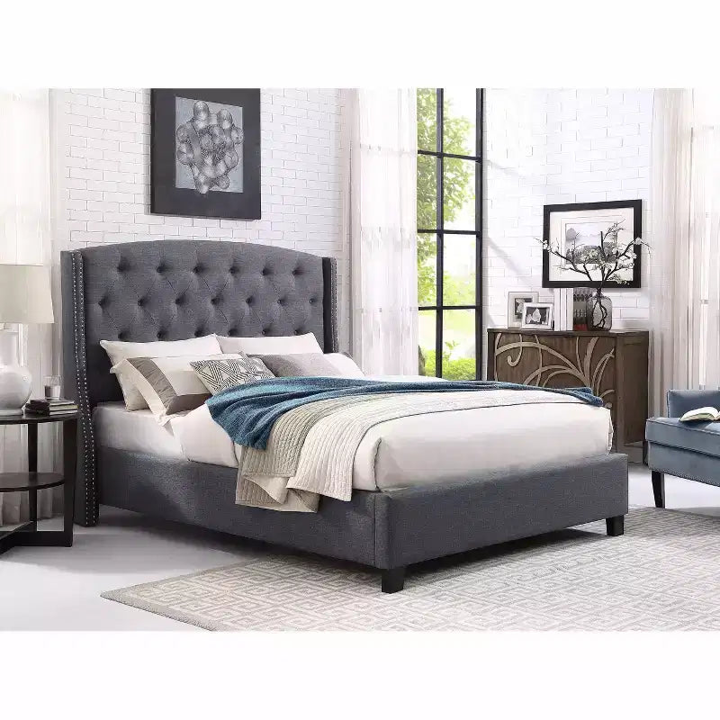 Nantarre Fabric Button Tufted Wingback Upholstered Bed with Nail Head Trim, Gray