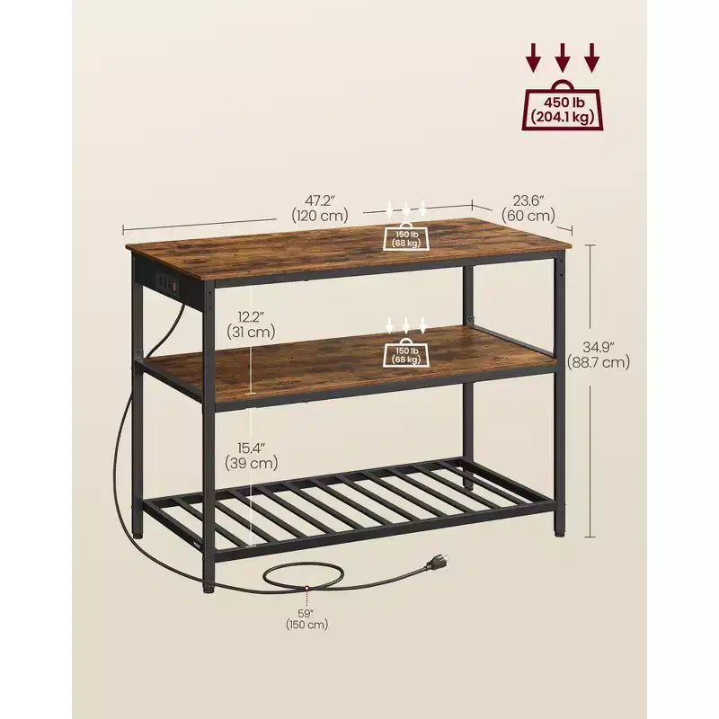 VASAGLE Kitchen Island with 3 Shelves, 47.2 Inches Width Kitchen Shelf with Power Strip, Large Worktop, Stable Steel Structure
