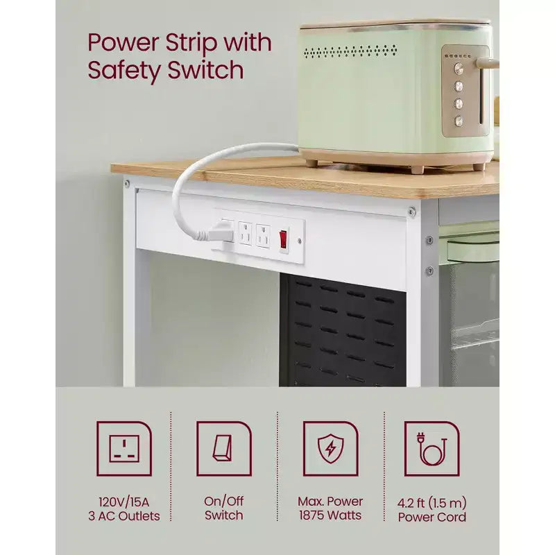 VASAGLE Kitchen Island with 3 Shelves, 47.2 Inches Width Kitchen Shelf with Power Strip, Large Worktop, Stable Steel Structure