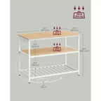 VASAGLE Kitchen Island with 3 Shelves, 47.2 Inches Width Kitchen Shelf with Power Strip, Large Worktop, Stable Steel Structure