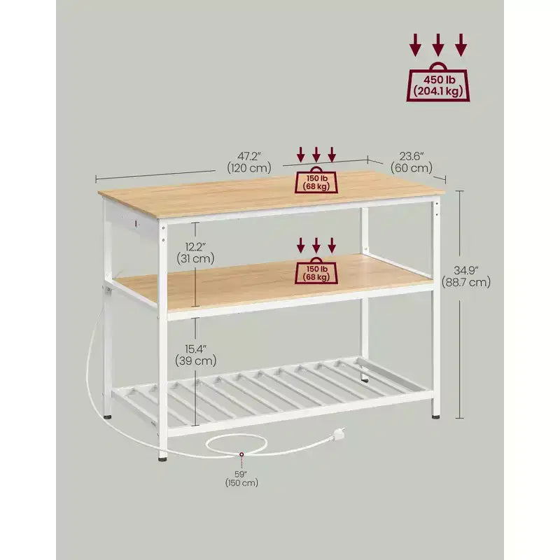 VASAGLE Kitchen Island with 3 Shelves, 47.2 Inches Width Kitchen Shelf with Power Strip, Large Worktop, Stable Steel Structure