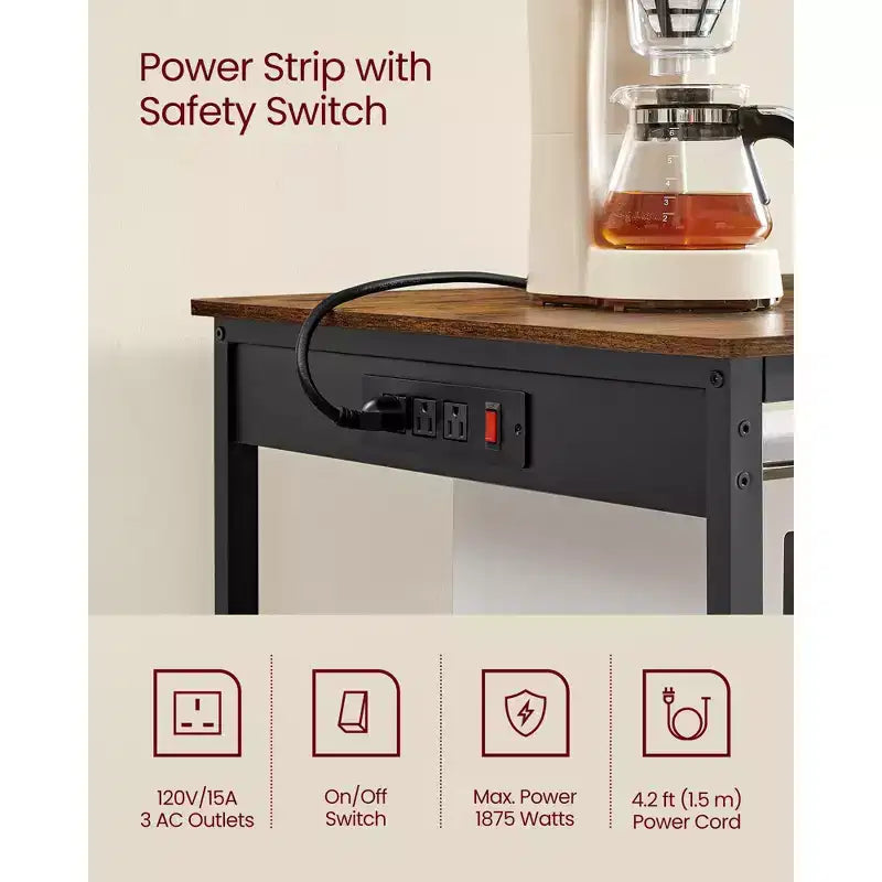 VASAGLE Kitchen Island with 3 Shelves, 47.2 Inches Width Kitchen Shelf with Power Strip, Large Worktop, Stable Steel Structure