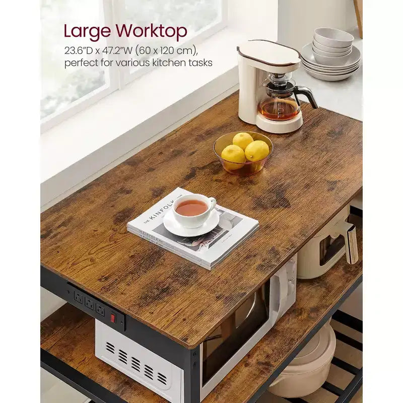 VASAGLE Kitchen Island with 3 Shelves, 47.2 Inches Width Kitchen Shelf with Power Strip, Large Worktop, Stable Steel Structure