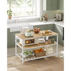 VASAGLE Kitchen Island with 3 Shelves, 47.2 Inches Width Kitchen Shelf with Power Strip, Large Worktop, Stable Steel Structure
