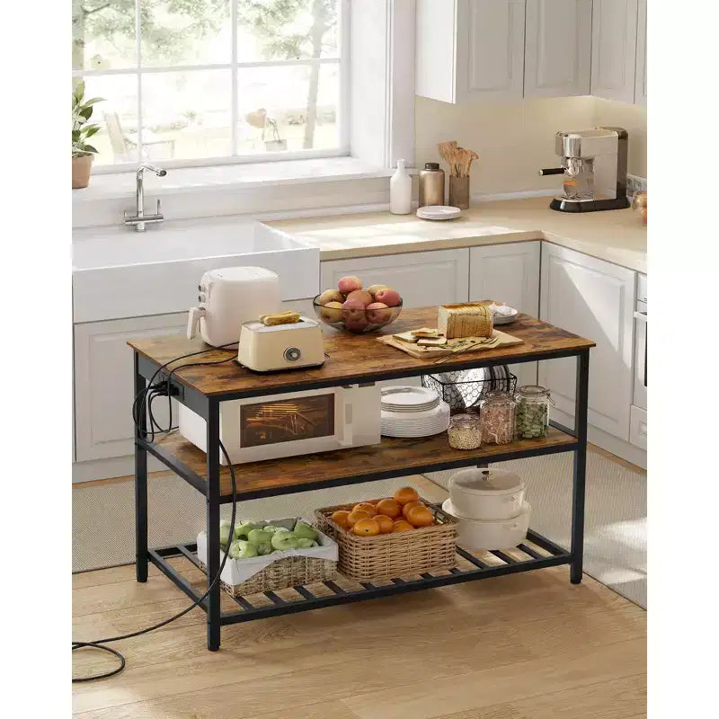 VASAGLE Kitchen Island with 3 Shelves, 47.2 Inches Width Kitchen Shelf with Power Strip, Large Worktop, Stable Steel Structure