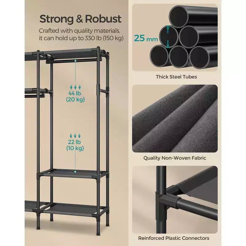 SONGMICS Clothes Rack,72 Inch Large Capacity Portable Closet, Heavy Duty Wardrobe Closet Organizer with Hanging Rails and Shelves, Ink Black