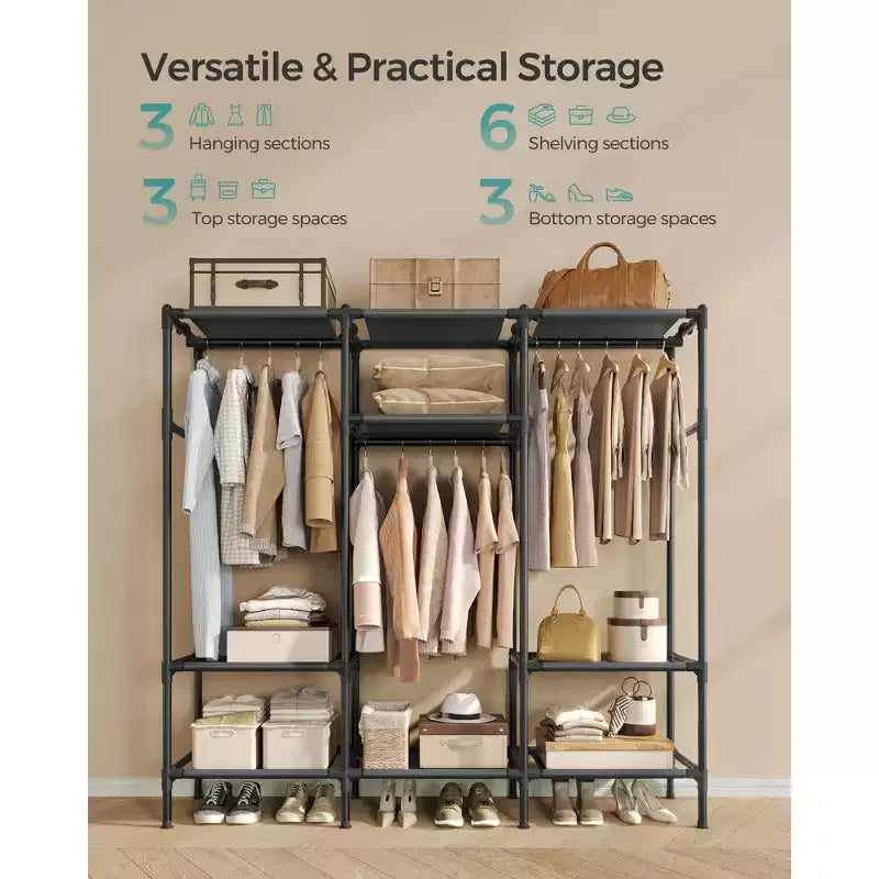 SONGMICS Clothes Rack,72 Inch Large Capacity Portable Closet, Heavy Duty Wardrobe Closet Organizer with Hanging Rails and Shelves, Ink Black