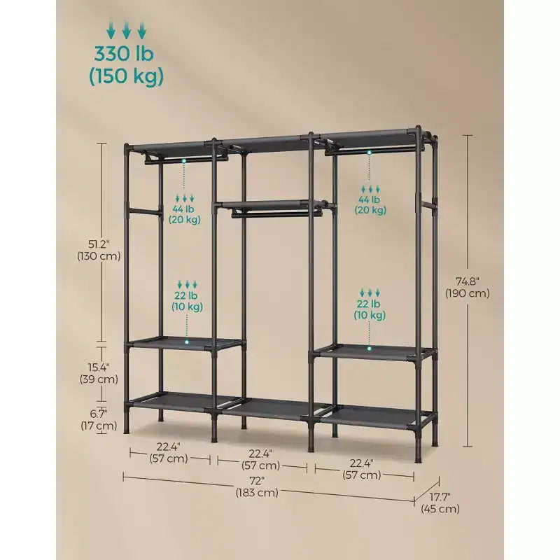 SONGMICS Clothes Rack,72 Inch Large Capacity Portable Closet, Heavy Duty Wardrobe Closet Organizer with Hanging Rails and Shelves, Ink Black