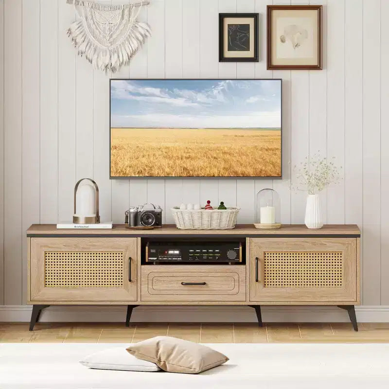 Mobile Porta TV Boho Costway per TV da 65 Pollici Mobile da Intrattenimento Moderno con Cassetti e 2 Ripiani