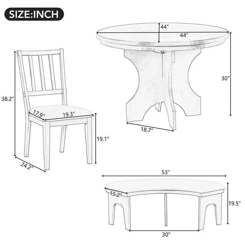 Whisen 5-Piece Rustic Charm Round Dining Set with 3 Upholstered Chairs and Curved Bench for Dining Room, Kitchen