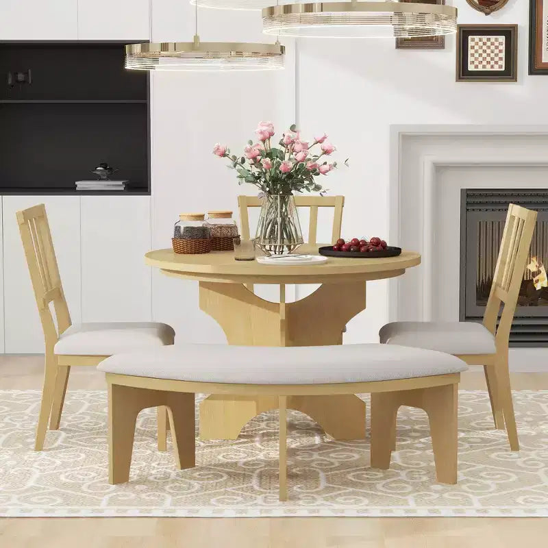Whisen 5-Piece Rustic Charm Round Dining Set with 3 Upholstered Chairs and Curved Bench for Dining Room, Kitchen