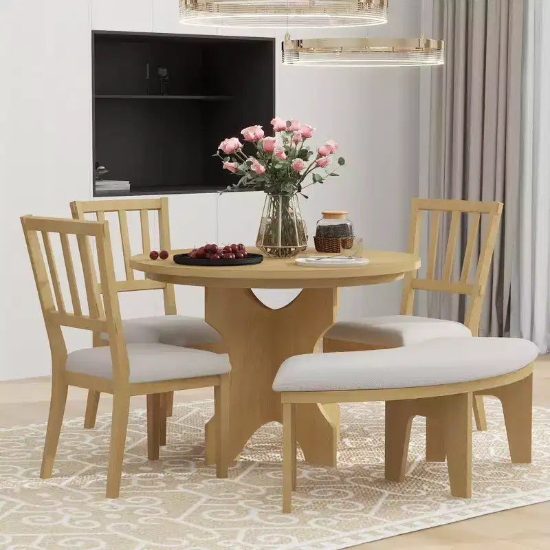 Whisen 5-Piece Rustic Charm Round Dining Set with 3 Upholstered Chairs and Curved Bench for Dining Room, Kitchen