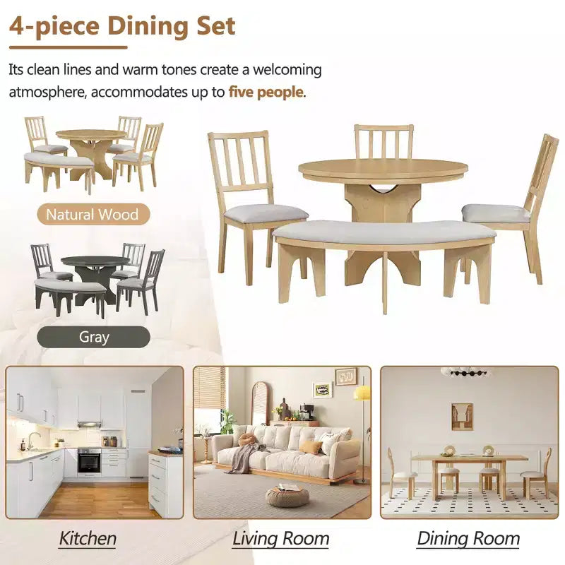 Whisen 5-Piece Rustic Charm Round Dining Set with 3 Upholstered Chairs and Curved Bench for Dining Room, Kitchen