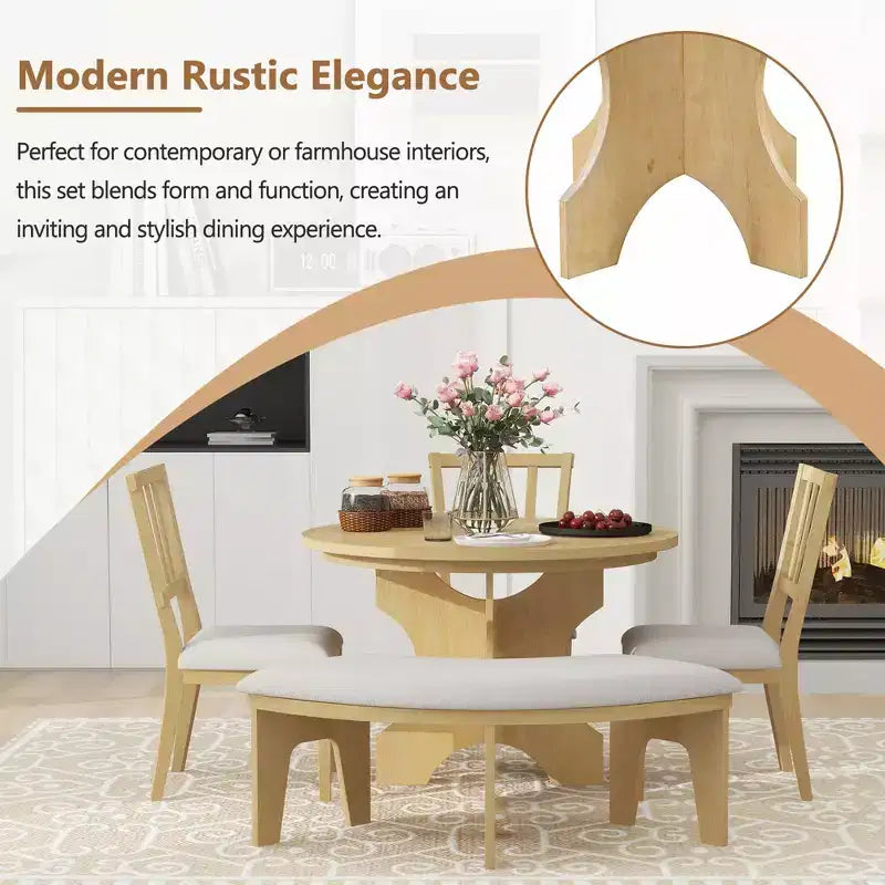 Whisen 5-Piece Rustic Charm Round Dining Set with 3 Upholstered Chairs and Curved Bench for Dining Room, Kitchen
