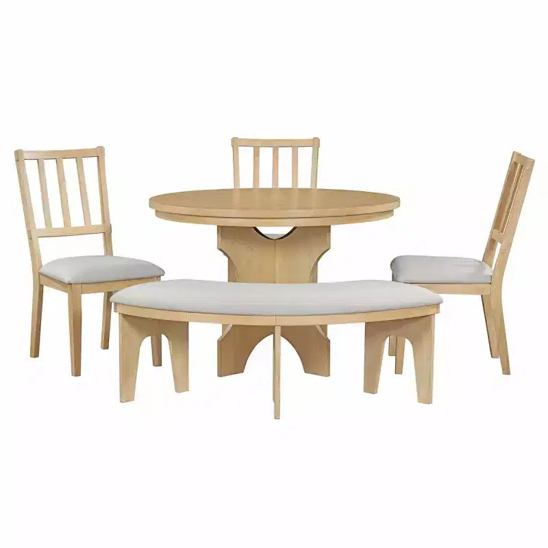 Whisen 5-Piece Rustic Charm Round Dining Set with 3 Upholstered Chairs and Curved Bench for Dining Room, Kitchen