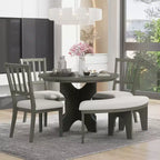 Whisen 5-Piece Rustic Charm Round Dining Set with 3 Upholstered Chairs and Curved Bench for Dining Room, Kitchen