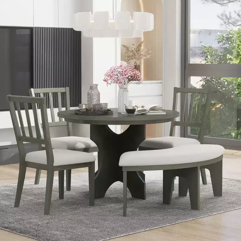 Whisen 5-Piece Rustic Charm Round Dining Set with 3 Upholstered Chairs and Curved Bench for Dining Room, Kitchen