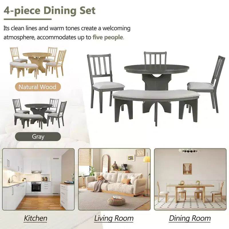 Whisen 5-Piece Rustic Charm Round Dining Set with 3 Upholstered Chairs and Curved Bench for Dining Room, Kitchen