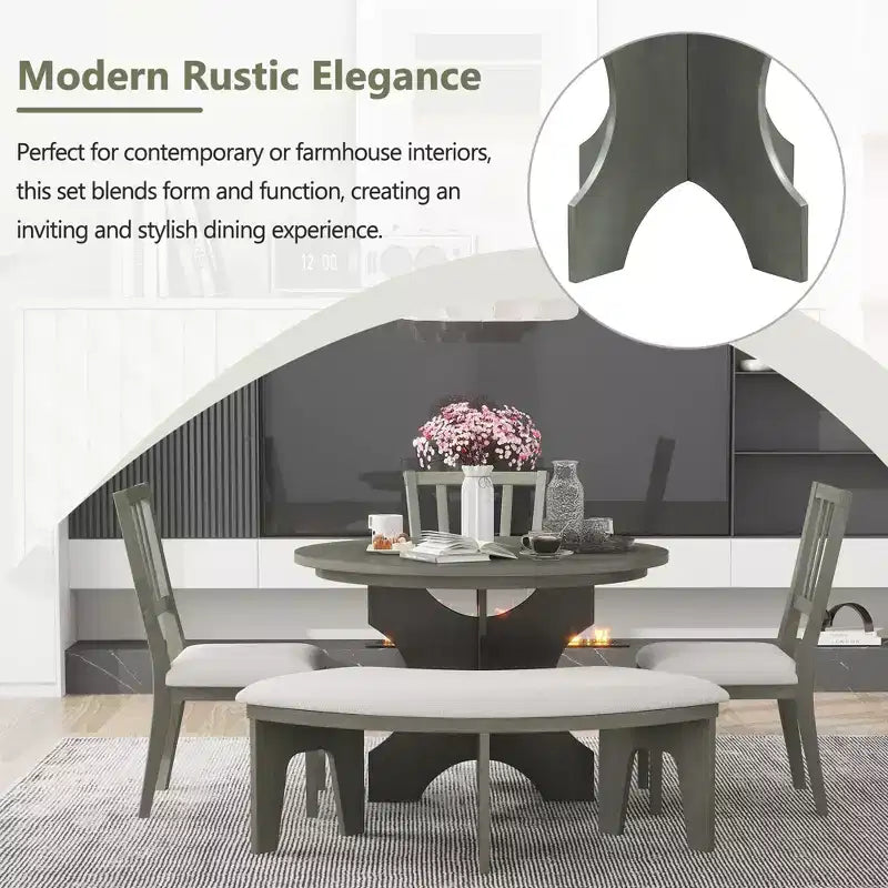 Whisen 5-Piece Rustic Charm Round Dining Set with 3 Upholstered Chairs and Curved Bench for Dining Room, Kitchen
