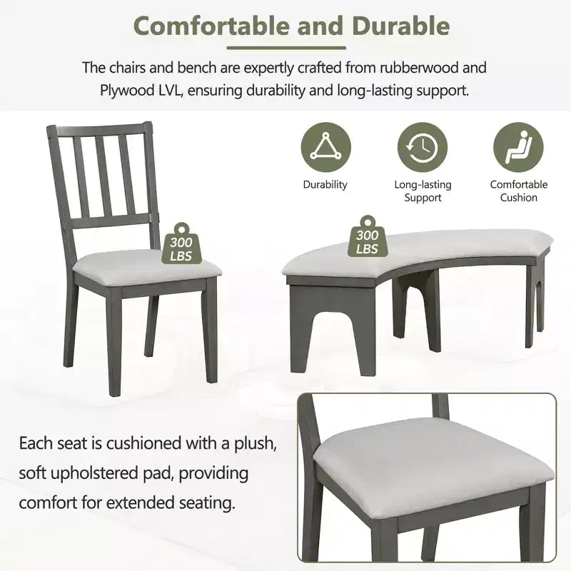 Whisen 5-Piece Rustic Charm Round Dining Set with 3 Upholstered Chairs and Curved Bench for Dining Room, Kitchen
