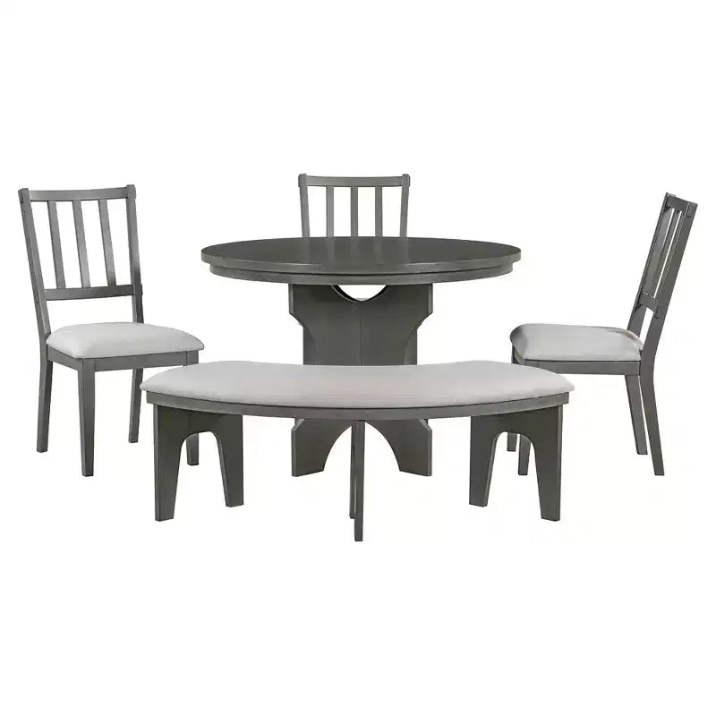 Whisen 5-Piece Rustic Charm Round Dining Set with 3 Upholstered Chairs and Curved Bench for Dining Room, Kitchen