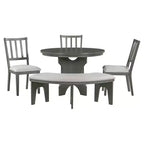 Whisen 5-Piece Rustic Charm Round Dining Set with 3 Upholstered Chairs and Curved Bench for Dining Room, Kitchen