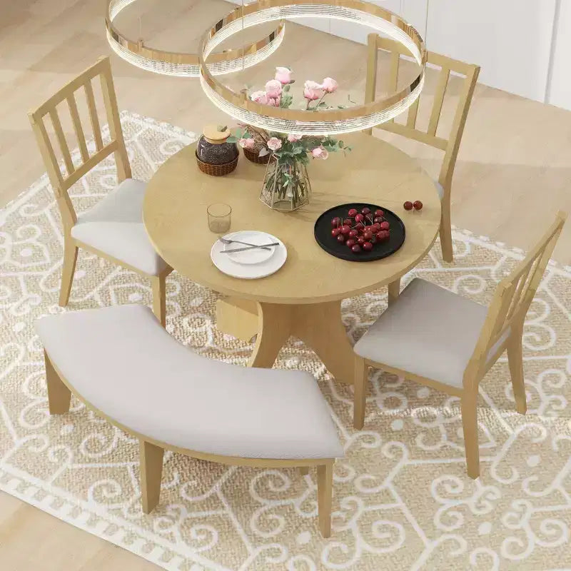 Whisen 5-Piece Rustic Charm Round Dining Set with 3 Upholstered Chairs and Curved Bench for Dining Room, Kitchen