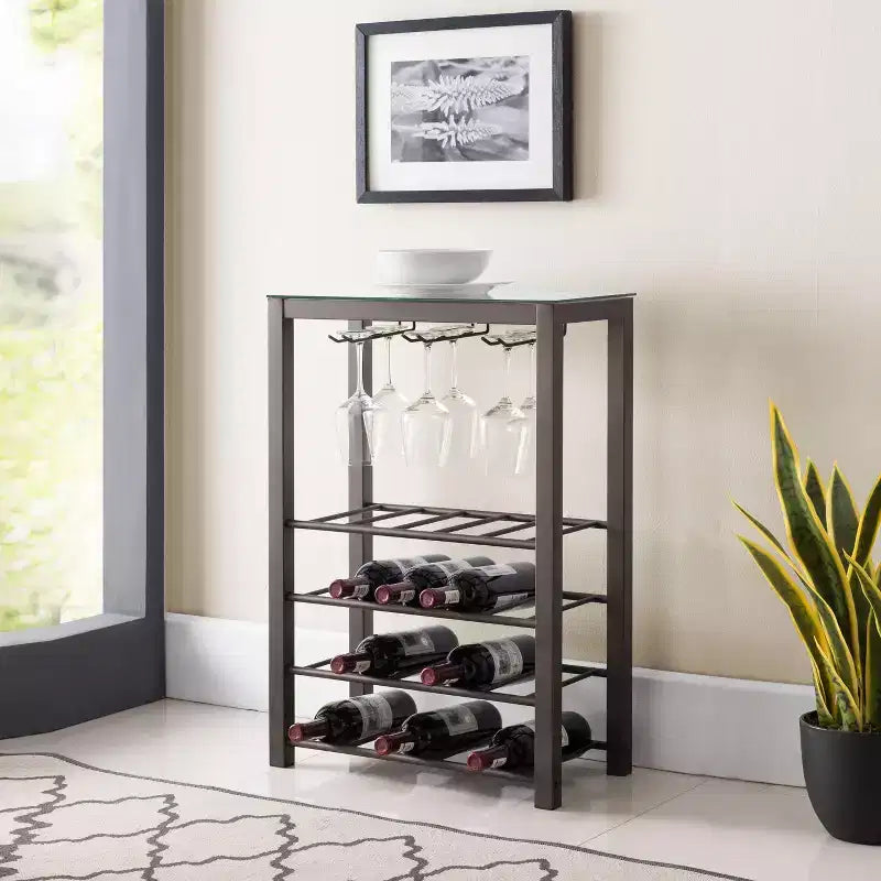 Kings Brand Furniture Freestanding Floor Wine Rack Storage Table, Hold 20 Bottles with Glasses Holder (Pewter)