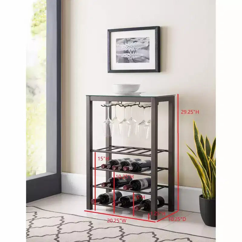 Kings Brand Furniture Scaffale Portabottiglie da Terra a Colonna, Supporto per 20 Bottiglie con Porta Bicchieri (Peltro)