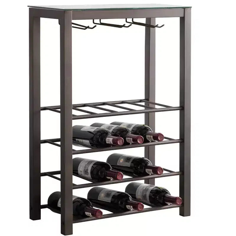 Kings Brand Furniture Scaffale Portabottiglie da Terra a Colonna, Supporto per 20 Bottiglie con Porta Bicchieri (Peltro)